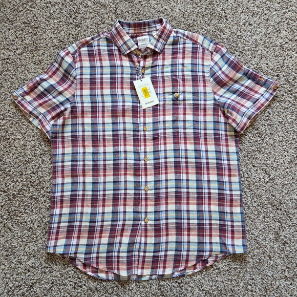 Baird Mcnutt Other - Baird McNutt NWT Murano 100% Linen Button Up Shirt Mens Lg Plaid Short Sleeves